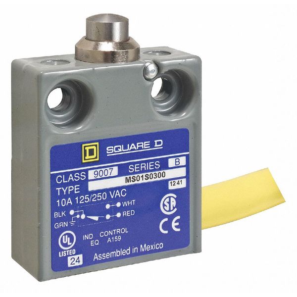 Telemecanique Sensors Limit Switch, Plunger, Spring Return, SPDT, 10A @ 240V AC, Actuator Location: Top 9007MS01S0406