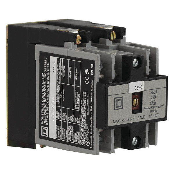 Square D NEMA Control Relay, Type X, timing, 1 minute off delay, 10A resistive at 600 VAC, 2 normally open, 120 VAC 60 Hz coil 8501XO20XTD1V02