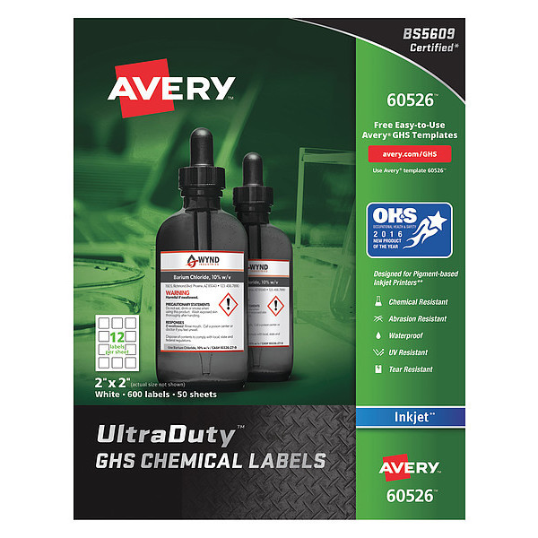 Avery 2" x 2" GHS Chemical Labels for Inkjet Printers, 600 labels/50-sheets 7278260526