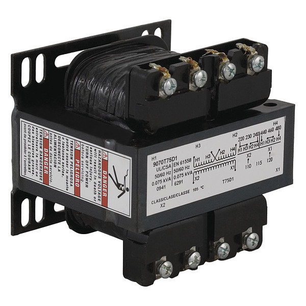 Square D Control Transformer, 75 VA, Not Rated, 55°C, 24V, 208/240/277/380/480V 9070T75D19