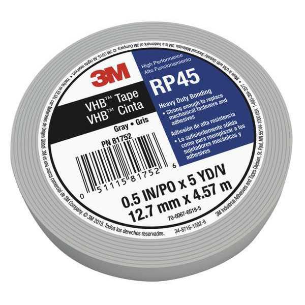 3M Foam Tape, Gray, 5 yd.L x 1/2 in.W, Acrylic RP45