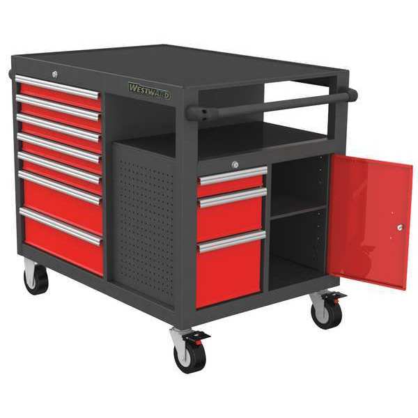 WESTWARD Rolling Tool Cabinet, 10-Drawers, Matte Gray & Red, 51 W x 29 D  x 40 H