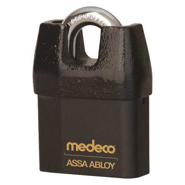 Medeco Padlock, Keyed Different, Partially Hidden Shackle, Square Brass Body, Boron Shackle, 7/16 in W 5472500-T-26-DL-P