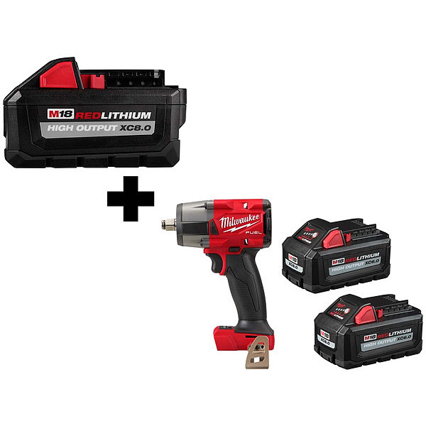 Milwaukee Tool M18 8.0 + 2PK 6.0 Battery, M18 1/2" MTIW 48-11-1880, 2962-20, 48-11-1862