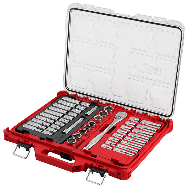 Milwaukee Tool 1/2" Drive Drive Ratchet & Socket Set SAE 47 Pieces 1/2 in to 1 1/8 in, 10 mm to 24 mm , Chrome 48-22-9487