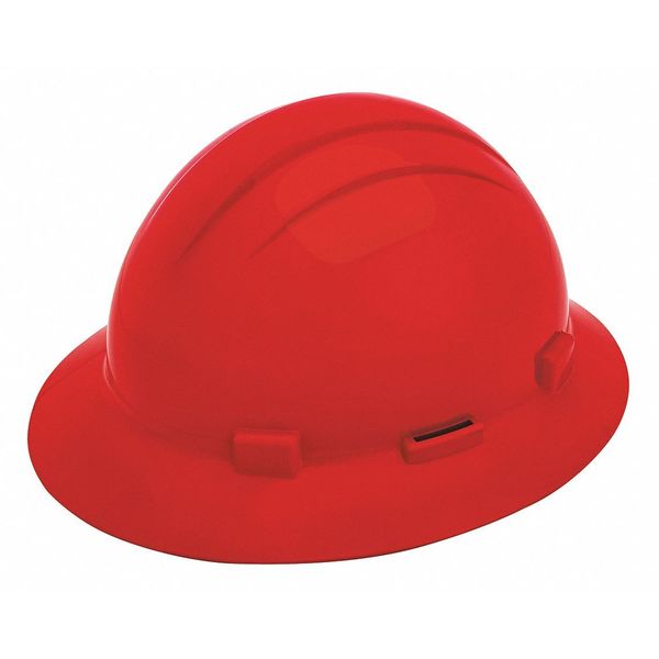 Erb Safety Full Brim Hard Hat, Type 1, Class E, Ratchet (4-Point), Red 19284