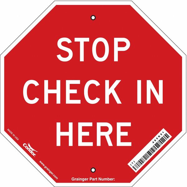 Condor Stop Check In Sign, 11" W, 11" H, English, Plastic, Red 485K51