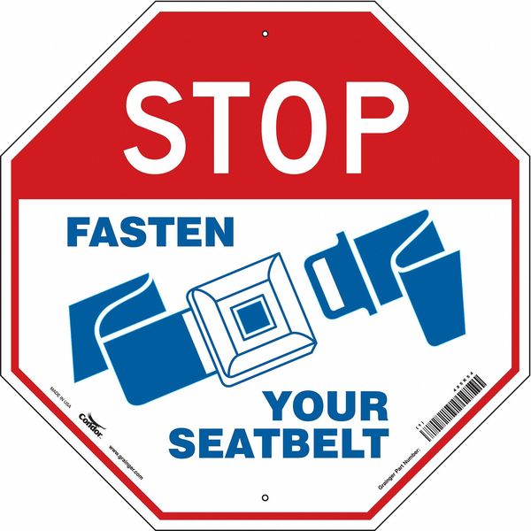 Condor Stop Fasten Seatbelt Sign, 24" W, 24" H, English, Aluminum, Red, White 485K54