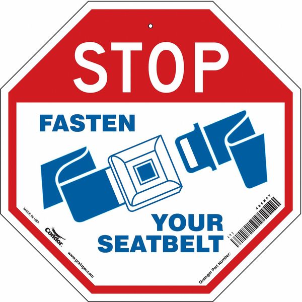 Condor Stop Fasten Seatbelt Sign, 18" W, 18" H, English, Vinyl, Red, White 485K57