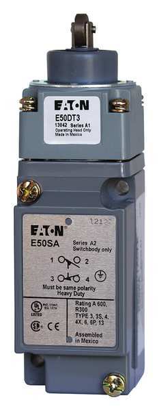 Eaton Heavy Duty Limit Switch, Plunger, Roller, 1NC/1NO, 10A @ 600V AC, Actuator Location: Top E50AT3