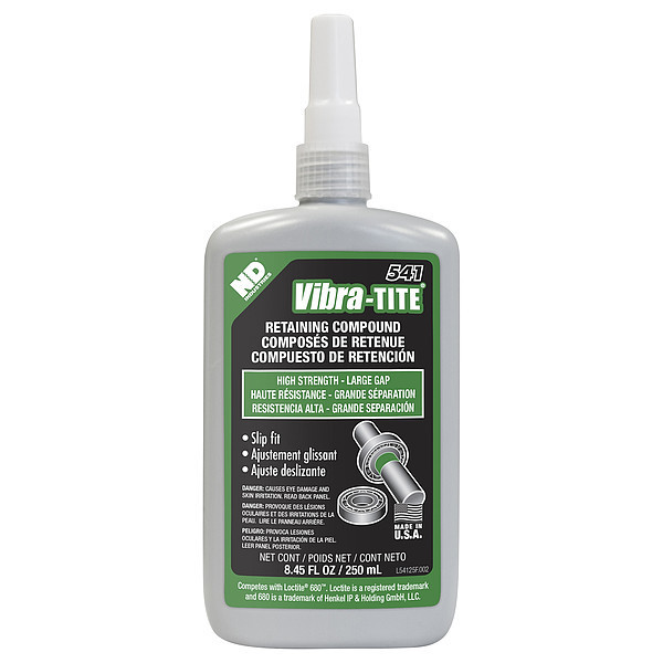 Vibra-Tite Retaining Compound, 541 Series, Green, Liquid, 250mL Bottle 54125