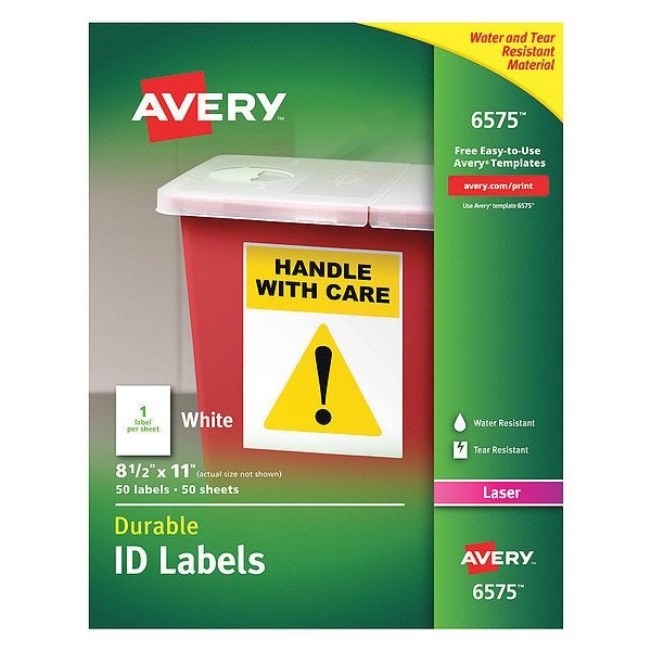 Avery Avery® White Permanent Durable ID Labels for Laser Printers 6575, 8-1/2" x 11", Box of 50 7278206575