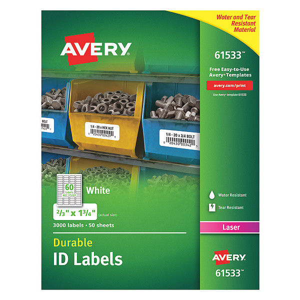 Avery Avery® Durable ID Labels with TrueBlock® Technology, 61533, Laser, 2/3" x 1-3/4", White, Pack of 3000 7278261533