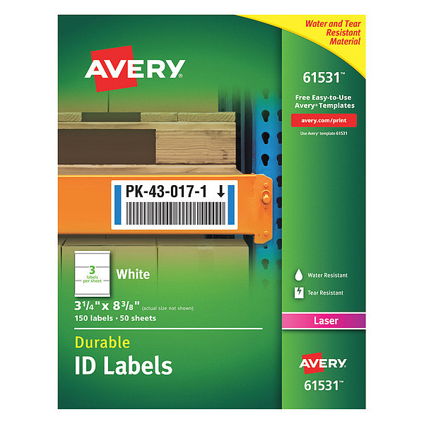 Avery Avery® Durable ID Labels with TrueBlock® Technology, 61531, Laser, 3-1/4" x 8-3/8", White, Pack of 150 7278261531