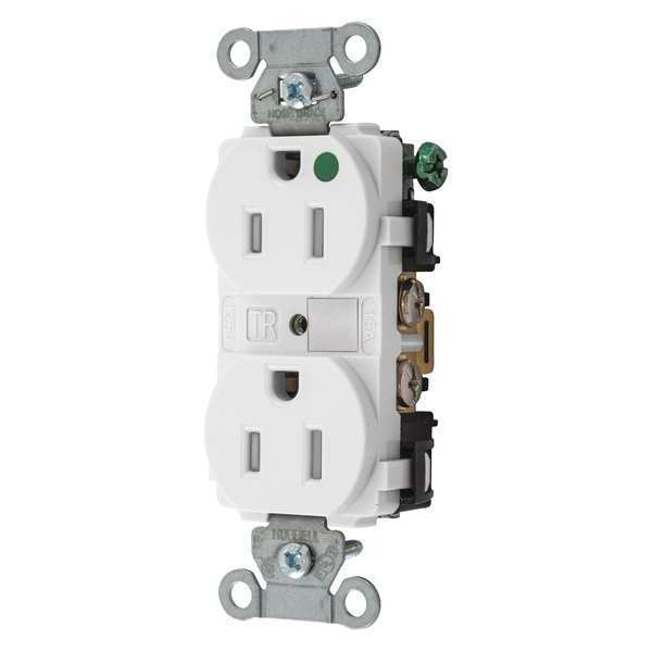 Hubbell Receptacle, 15 A Amps, 125V AC, Flush Mount, Standard Duplex Outlet, 5-15R, White 8200WTRA