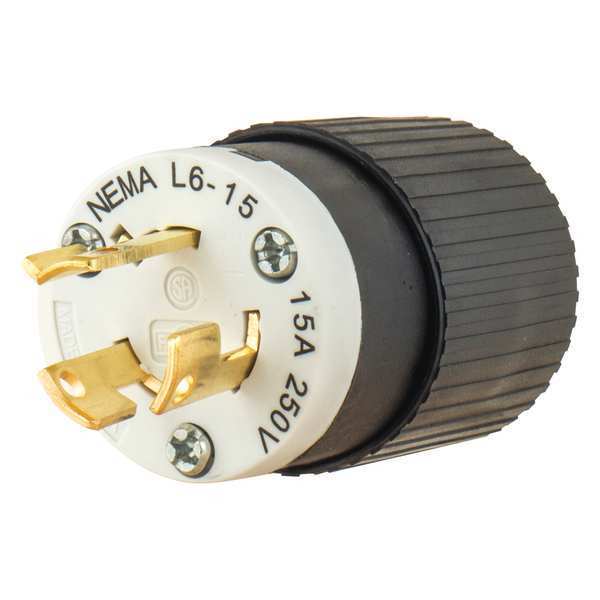 Zoro Select 15A Locking Plug 2P 3W 250VAC L6-15P BK/WT 70615NP