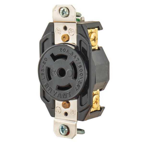Zoro Select Locking Receptacle, Black, 347/600VAC, 20A 72320FR