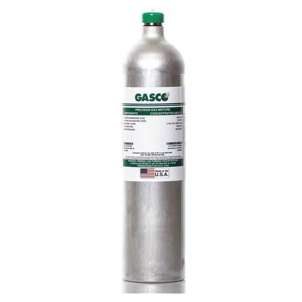 Gasco Calibration Gas, Carbon Monoxide, Methane, Nitrogen, Oxygen, 58 L, C-10 Connection, +/-5% Accuracy 58L-300
