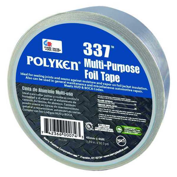Polyken Foil Tape, Rubber Adhesive, 48mm W, Silver 337