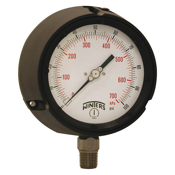 Winters Pressure Gauge, 0 to 100 psi, 1/2 in MNPT, Black PPC5064G-SG45