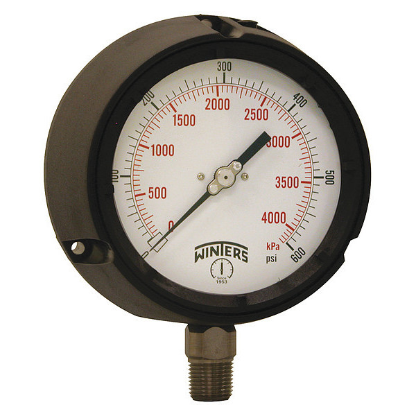 Winters Pressure Gauge, 0 to 600 psi, 1/2 in MNPT, Black PPC5069G-SG45