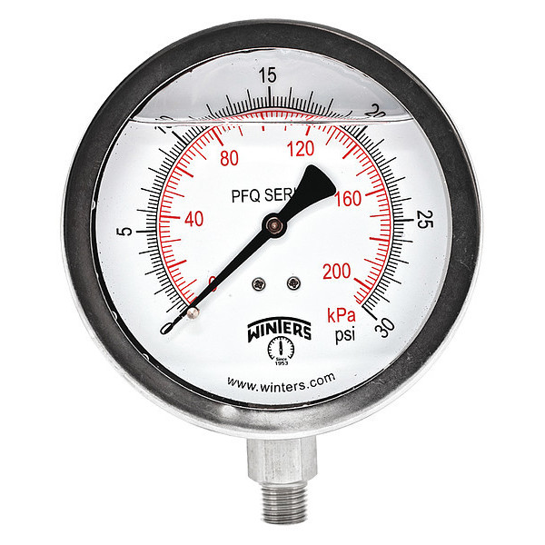 Winters Pressure Gauge, 0 to 30 psi, 1/4 in MNPT, Silver PFQ769-DRY