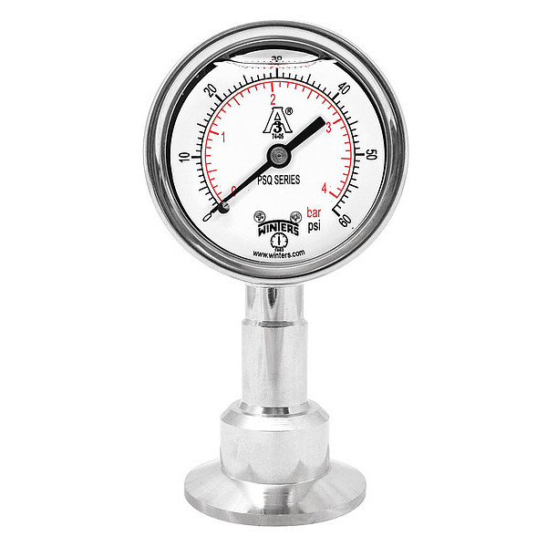 Winters Pressure Gauge, 0 to 100 psi, 1 1/2 in Triclamp, Silver PSQ15804