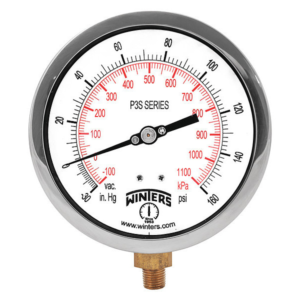 Winters Compound Gauge, -30 to 0 to 160 psi, 1/4 in MNPT, Black P3S6005