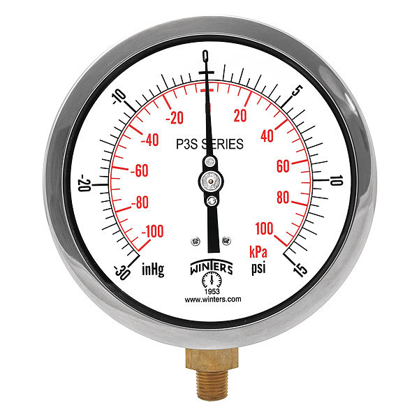 Winters Compound Gauge, -30 to 0 to 15 psi, 1/4 in MNPT, Black P3S6001