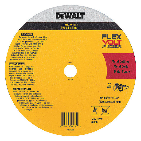 Dewalt FLEXVOLT(R) Ceramic Metal Cutoff Wheel Type 1 DWAFV8918