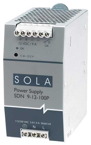 Solahd DC Power Supply, 115/230V AC, 12V DC, 108W, 9A, DIN Rail SDN912100P