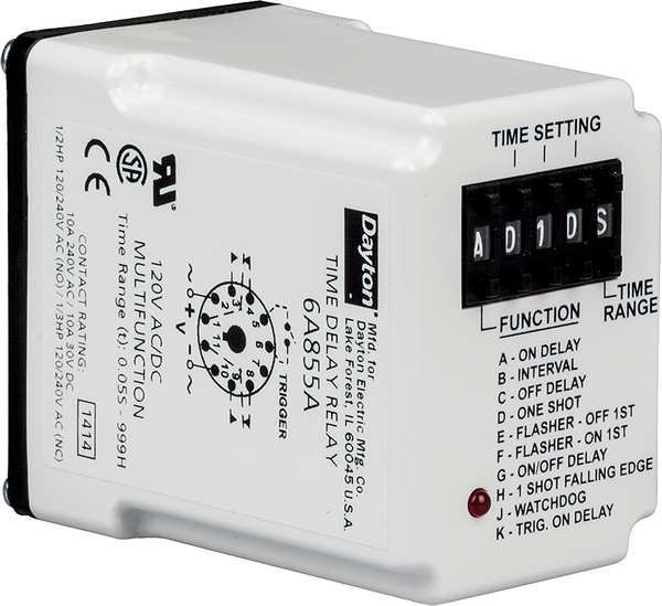 Dayton Time Delay Relay, 24VAC/DC, 10A, DPDT 5DRA3