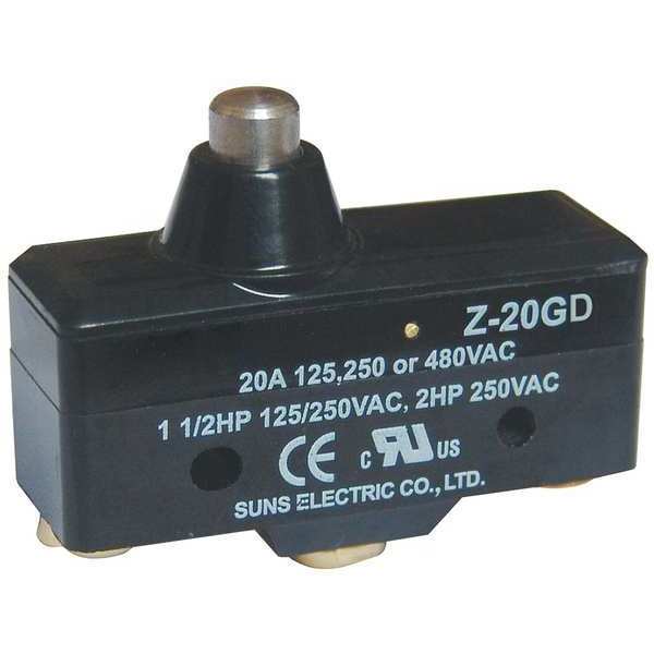 Zoro Select Industrial Snap Action Switch, Plunger, Short Actuator, SPDT, 20A @ 480V AC Contact Rating 5JEE9