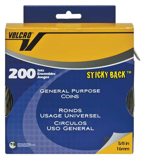 Velcro Brand Reclosable Fastener, Disc, Rubber Adhesive, 3/4 in, Beige, 200 PK 90140