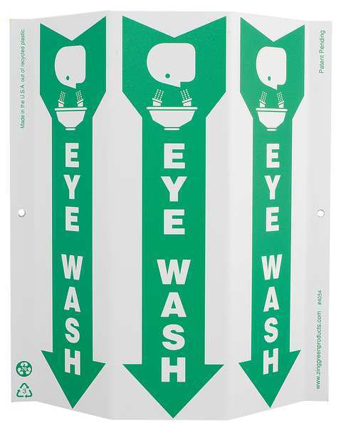Zing Eye Wash Sign, 12" Height, 9" Width, Plastic, English 4054G