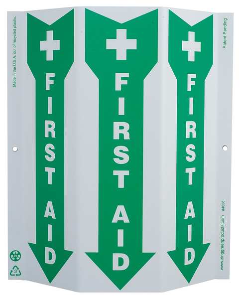 Zing First Aid Sign, 12" Height, 9" Width, Plastic, English 4056G