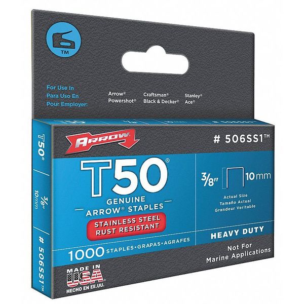 Arrow Fastener Heavy Duty Staples, T50, - ga, Flat Crown, 3/8 in Leg L, Stainless Steel, 1000 PK 506SS1