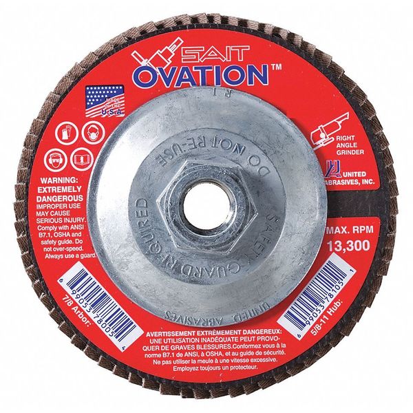 United Abrasives/Sait SAIT 78111 Ovation® High Density Fiberglass Backed Flap Disc  (Type 27) 4-1/2" x 5/8"-11, 120 Grit 78111