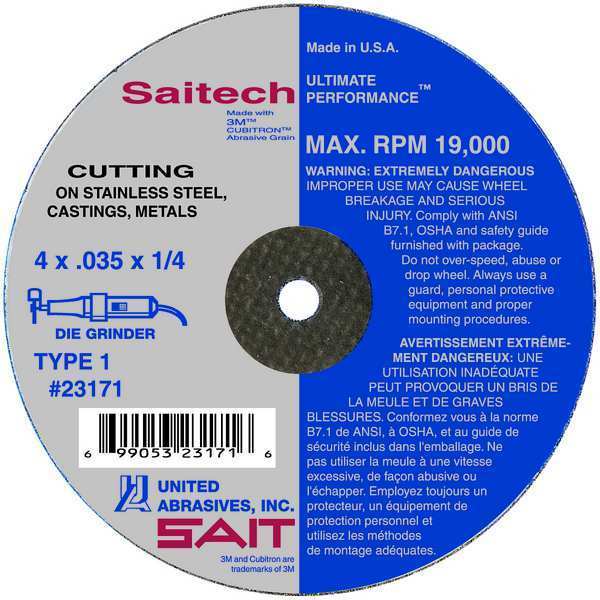 United Abrasives/Sait SAIT 23152 Saitech Ultimate Performance™ Thin High Speed Cut-Off Wheels 3" x .035" x 1/4", 1-Pack 23152