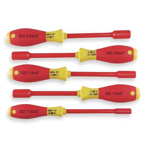 Wiha Nut Driver Set, 5 Pieces, SAE, Solid, Ins 32292