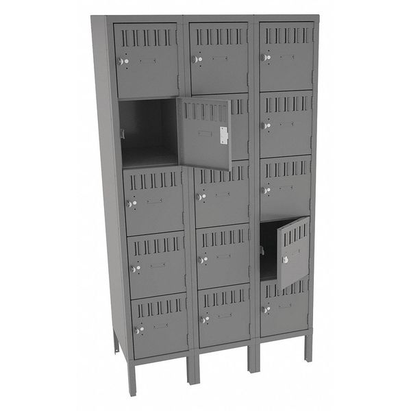 Tennsco Box Locker, 36 in W, 18 in D, 66 in H, (3) Wide, (15) Openings, Gray BS5-121812-3MG