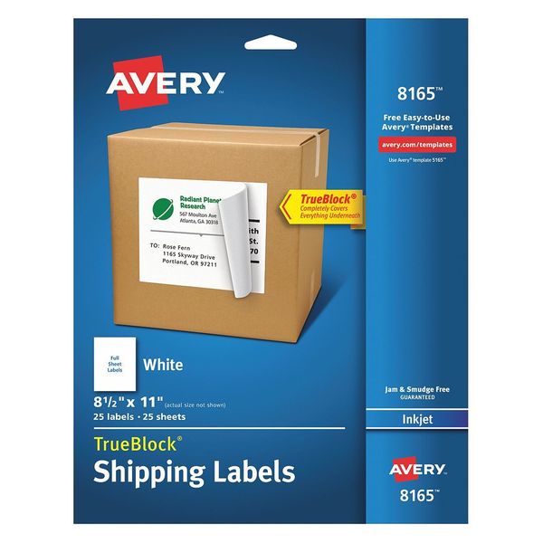 Avery Avery® Shipping Labels with TrueBlock® Technology for Inkjet Printers 8165, 8-1/2" x 11", 25 Labels 727828165