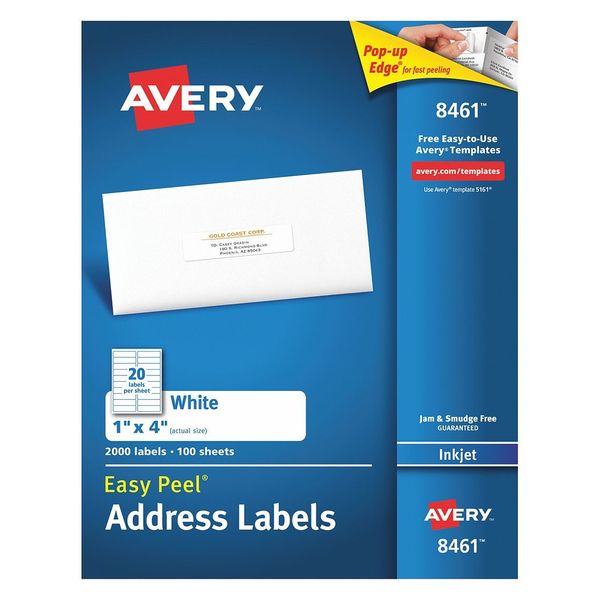 Avery Avery® Easy Peel® Address Labels for Inkjet Printers 8461, 1" x 4", Box of 2,000 727828461