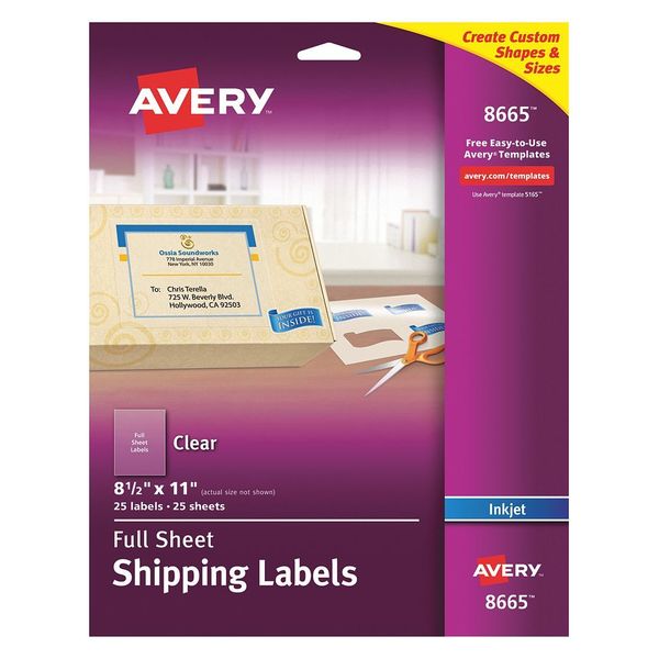 Avery Avery® Clear Full-Sheet Shipping Labels for Inkjet Printers 8665, 8-1/2" x 11", Pack of 25 727828665