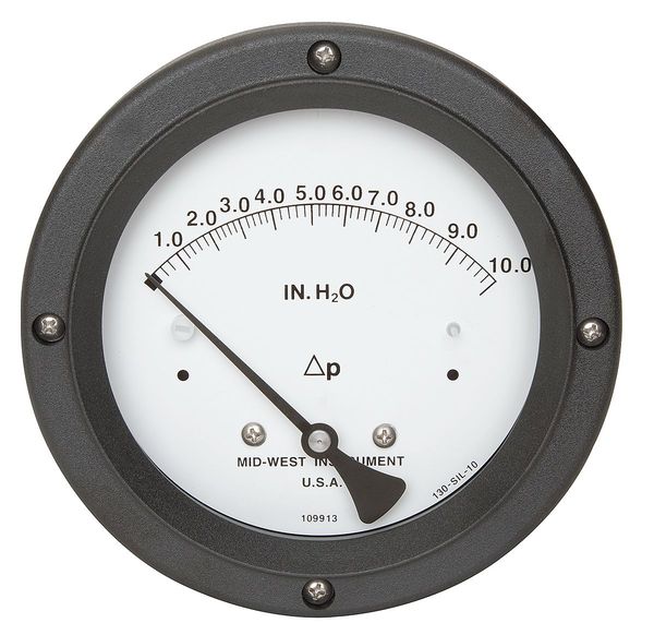 Midwest Instrument Pressure Gauge, 0 to 10 In H2O 130-0114