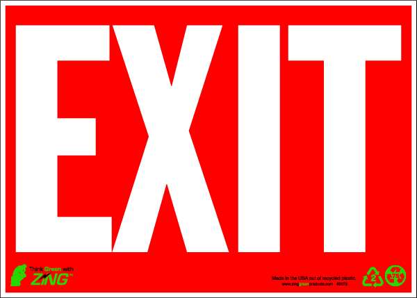 Zing EXIT Sign, White on Red, 10X14", Plastic 2078