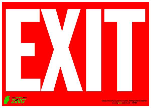 Zing Exit Sign, English, 14" W, 10" H, Polyester, Red 2078S
