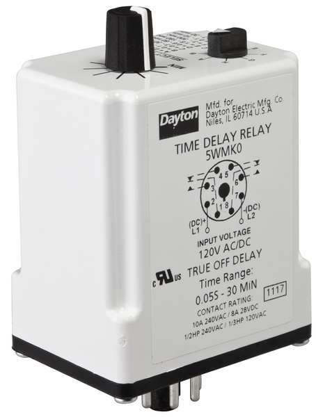 Dayton Time Delay Relay, 120VAC/DC, 10A, DPDT 5WMK0