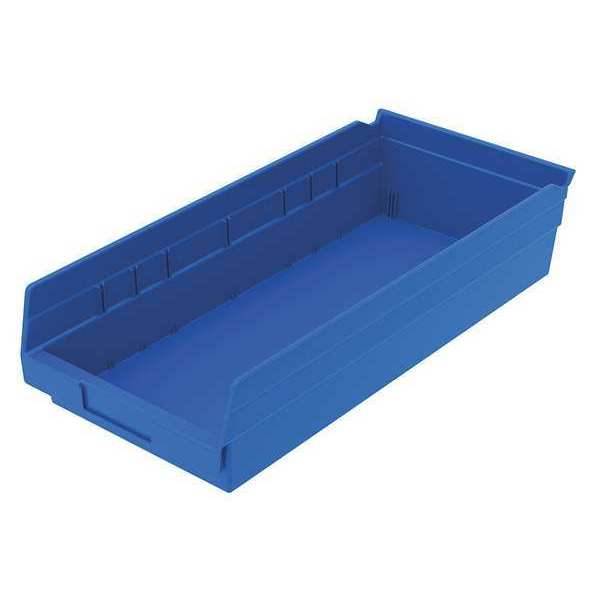 Zoro Select 20 lb Shelf Storage Bin, Plastic, 8 3/8 in W, 4 in H, Blue, 17 7/8 in L 30158BLUEBLANK