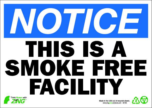 Zing Notice No Smoking Sign, 10 in Height, 14 in Width, Aluminum, Rectangle, English 2136A